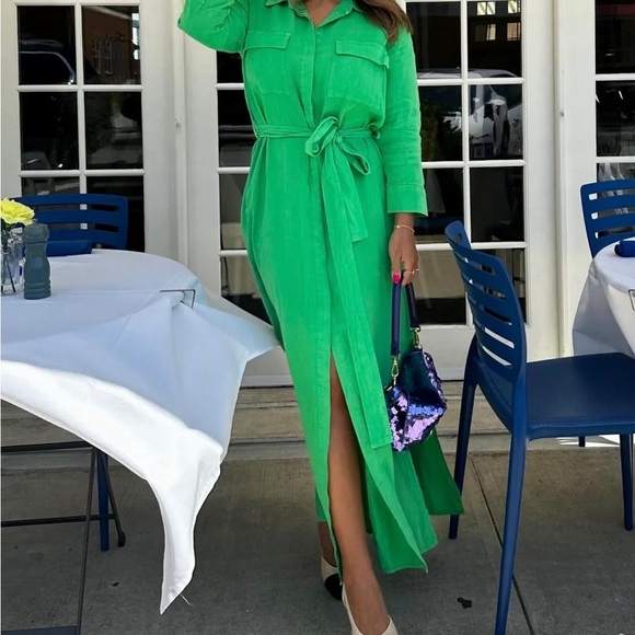 L’AGENCE NWT Cameron Long Shirt Dress In Pop Green linen XL new - Picture 2 of 5